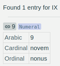 Screenshot showing a Latin ordinal and Cardinal for a given Roman number input