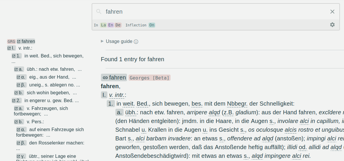 Example showing the entry for fahren in Georges.`